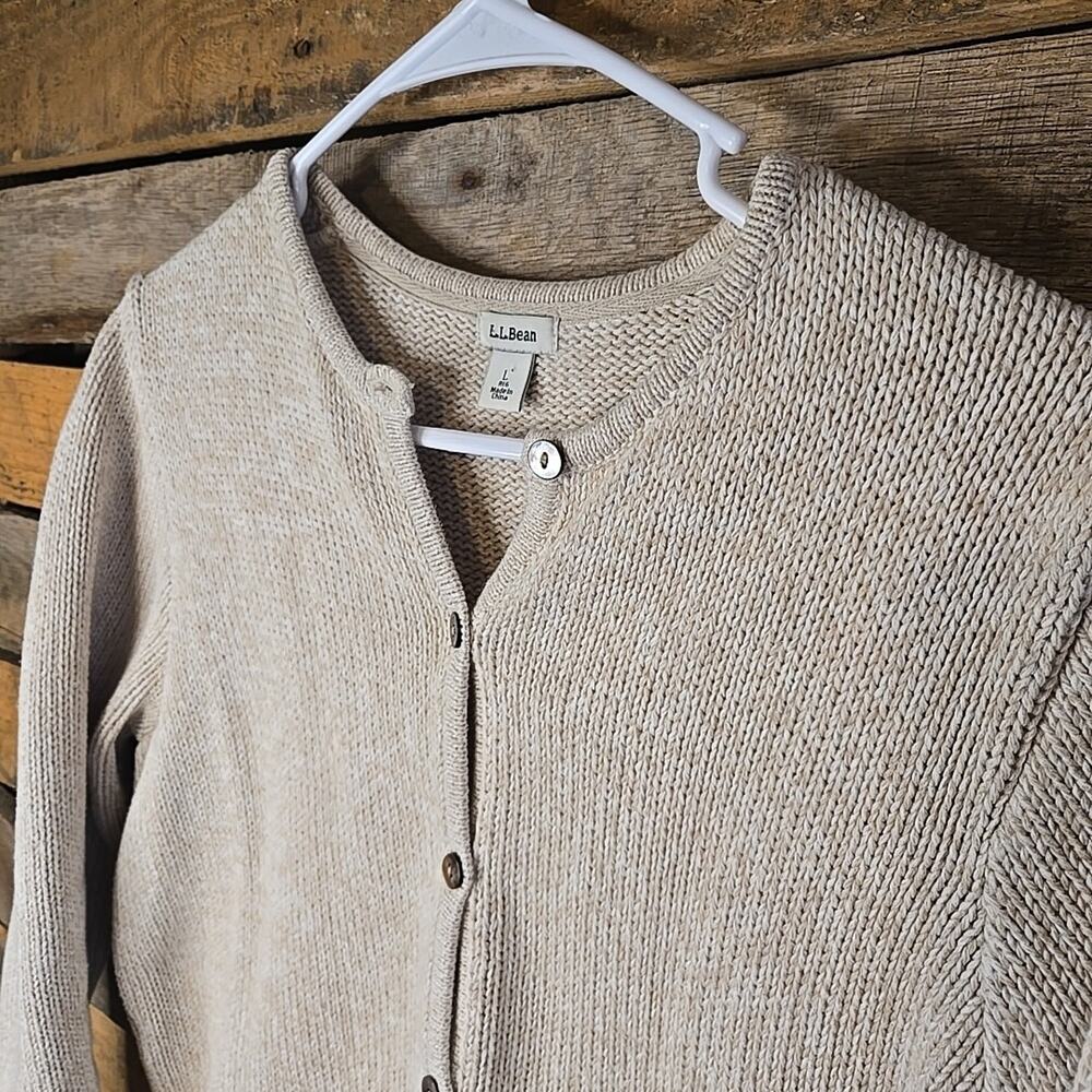 L.L. Bean Women’s Cotton Knit Cardigan Sweater Large Oatmeal Beige Button Front - Picture 3 of 9